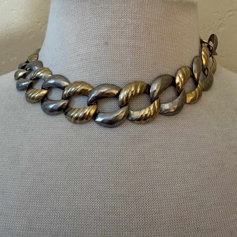 Vintage Two Tone Chunky Chain Link Choker Necklace Gold Silver Ribbed‎ Statement
